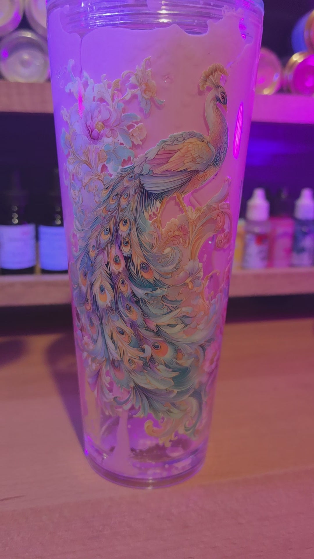 Premade peacock 24oz pink Lava acrylic snow globe