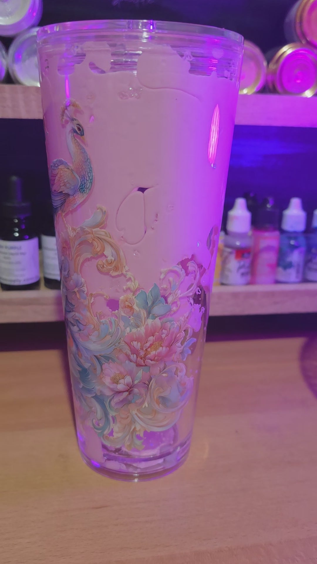 Premade peacock 24oz pink Lava acrylic snow globe