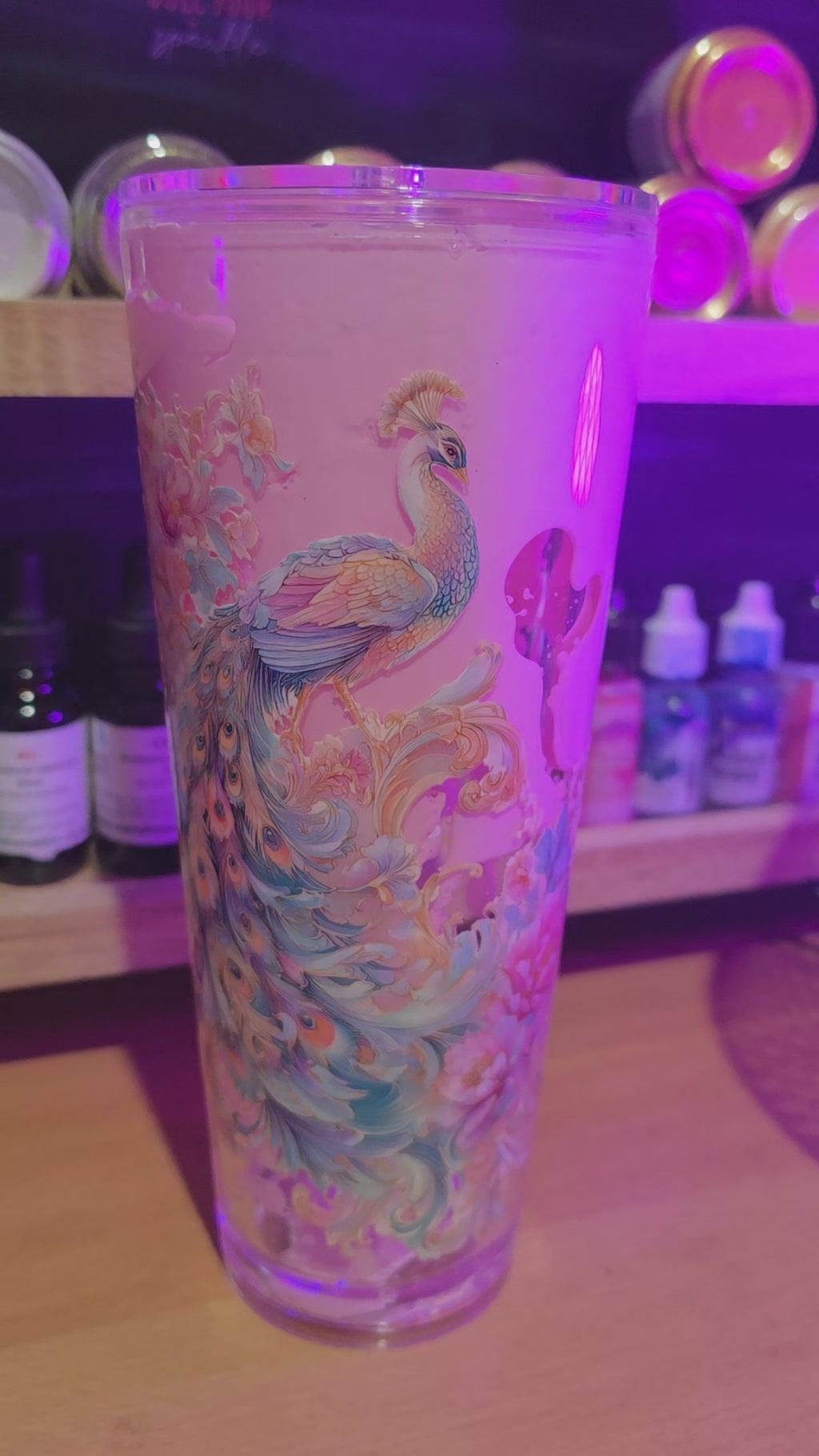 Premade peacock 24oz pink Lava acrylic snow globe