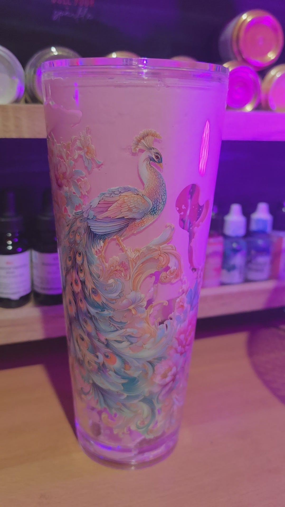 Premade peacock 24oz pink Lava acrylic snow globe
