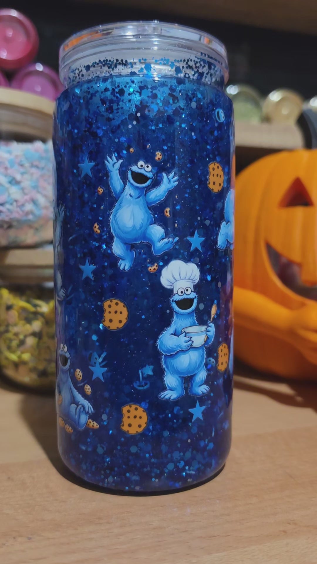 Premade 20oz acrylic snowglobe with cookie and a straw topper