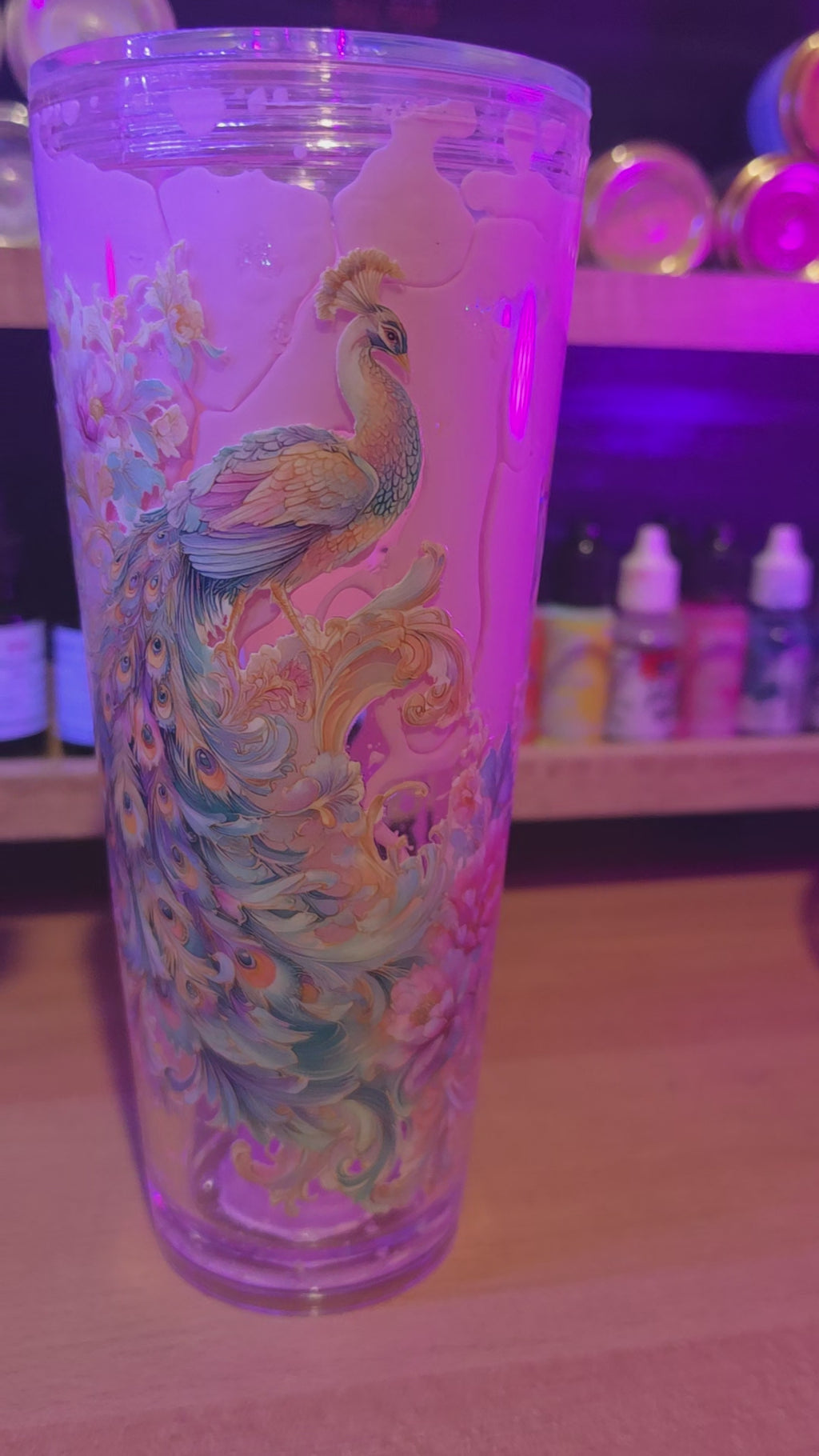 Premade peacock 24oz pink Lava acrylic snow globe