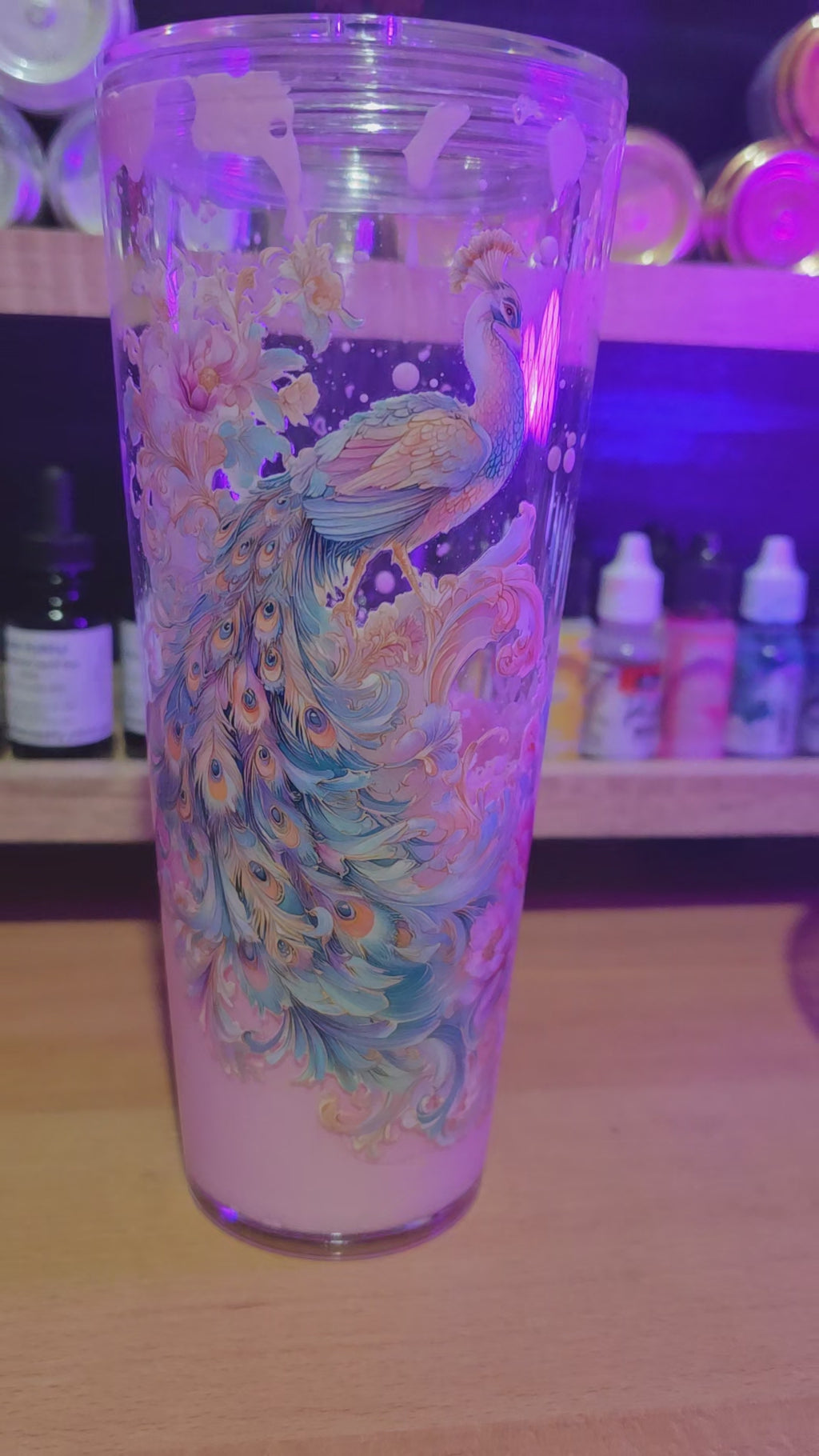 Premade peacock 24oz pink Lava acrylic snow globe