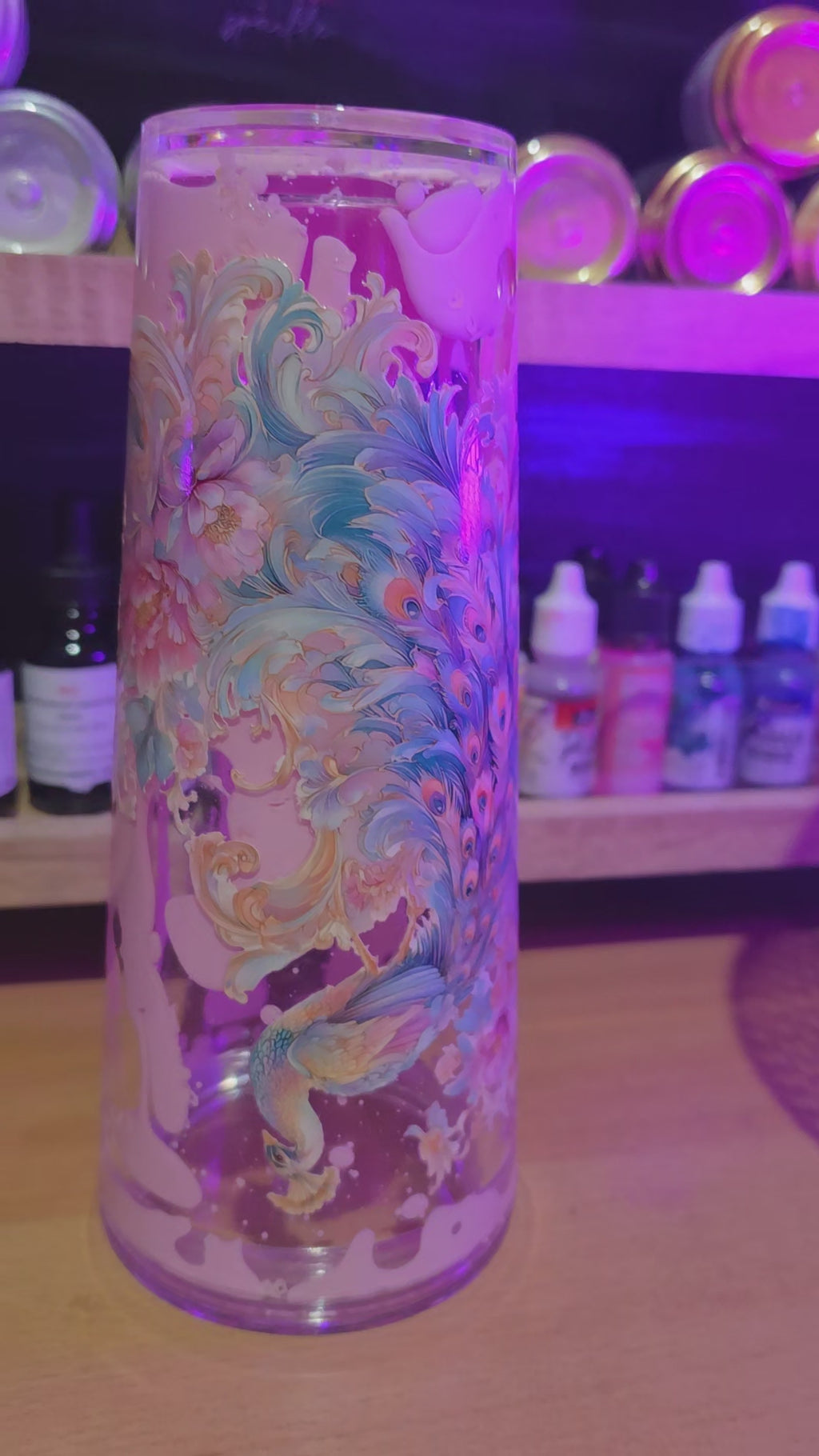 Premade peacock 24oz pink Lava acrylic snow globe