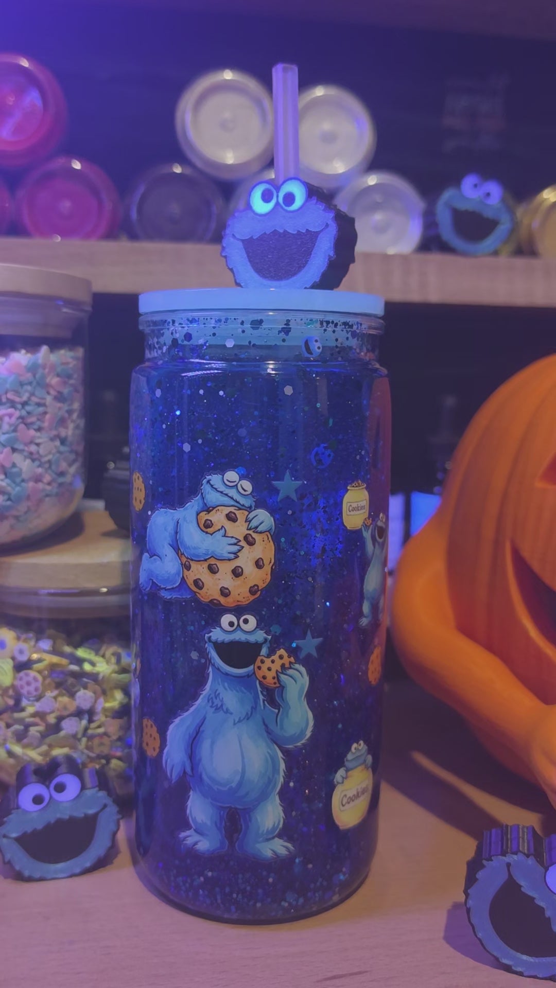 Premade 20oz acrylic snowglobe with cookie and a straw topper