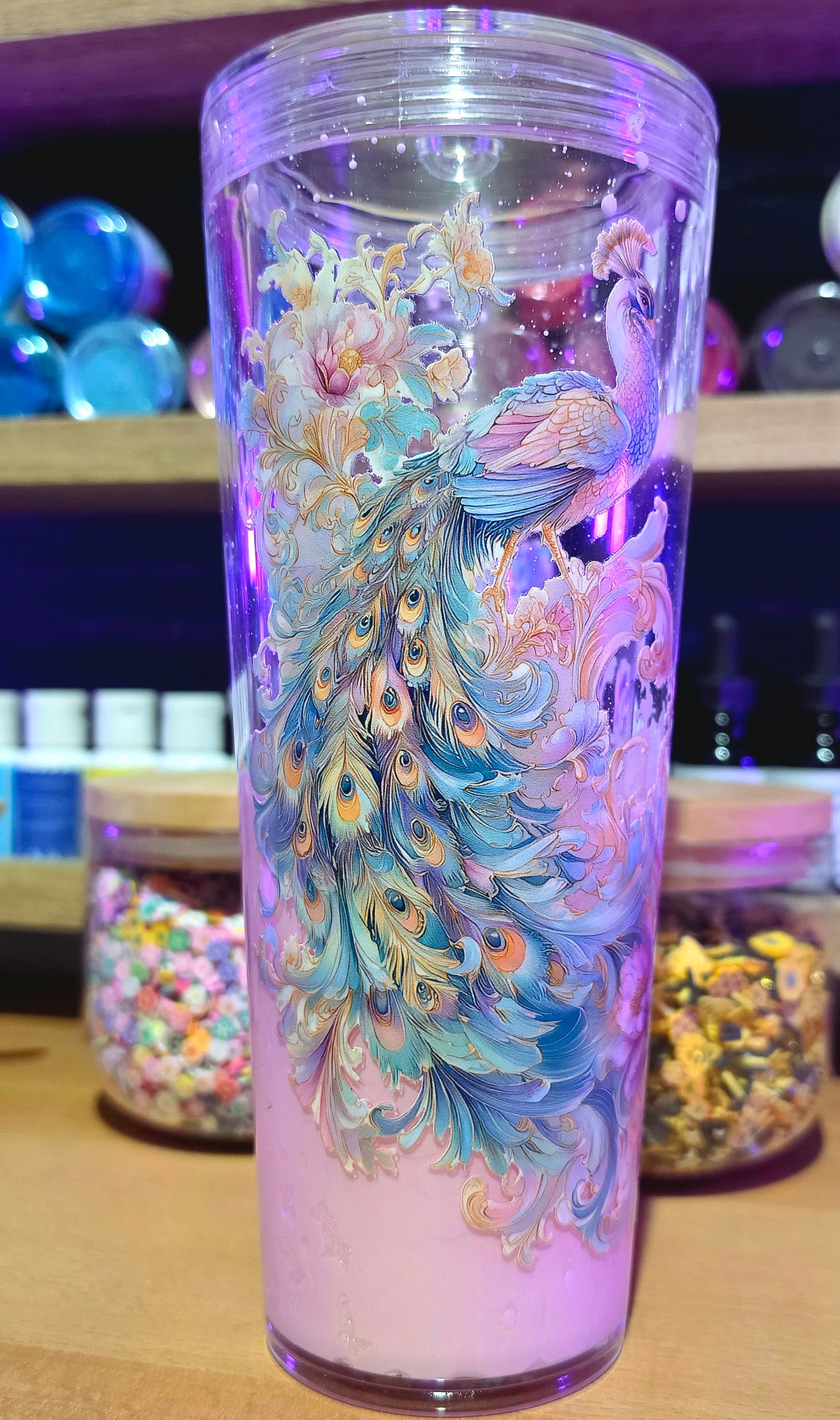Premade peacock 24oz pink Lava acrylic snow globe