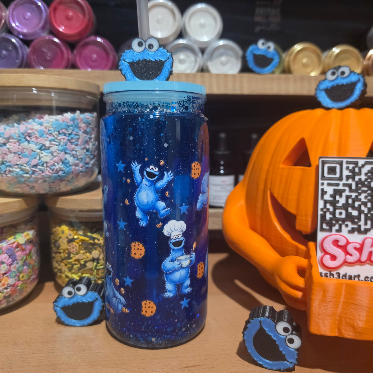 Premade 20oz acrylic snowglobe with cookie and a straw topper